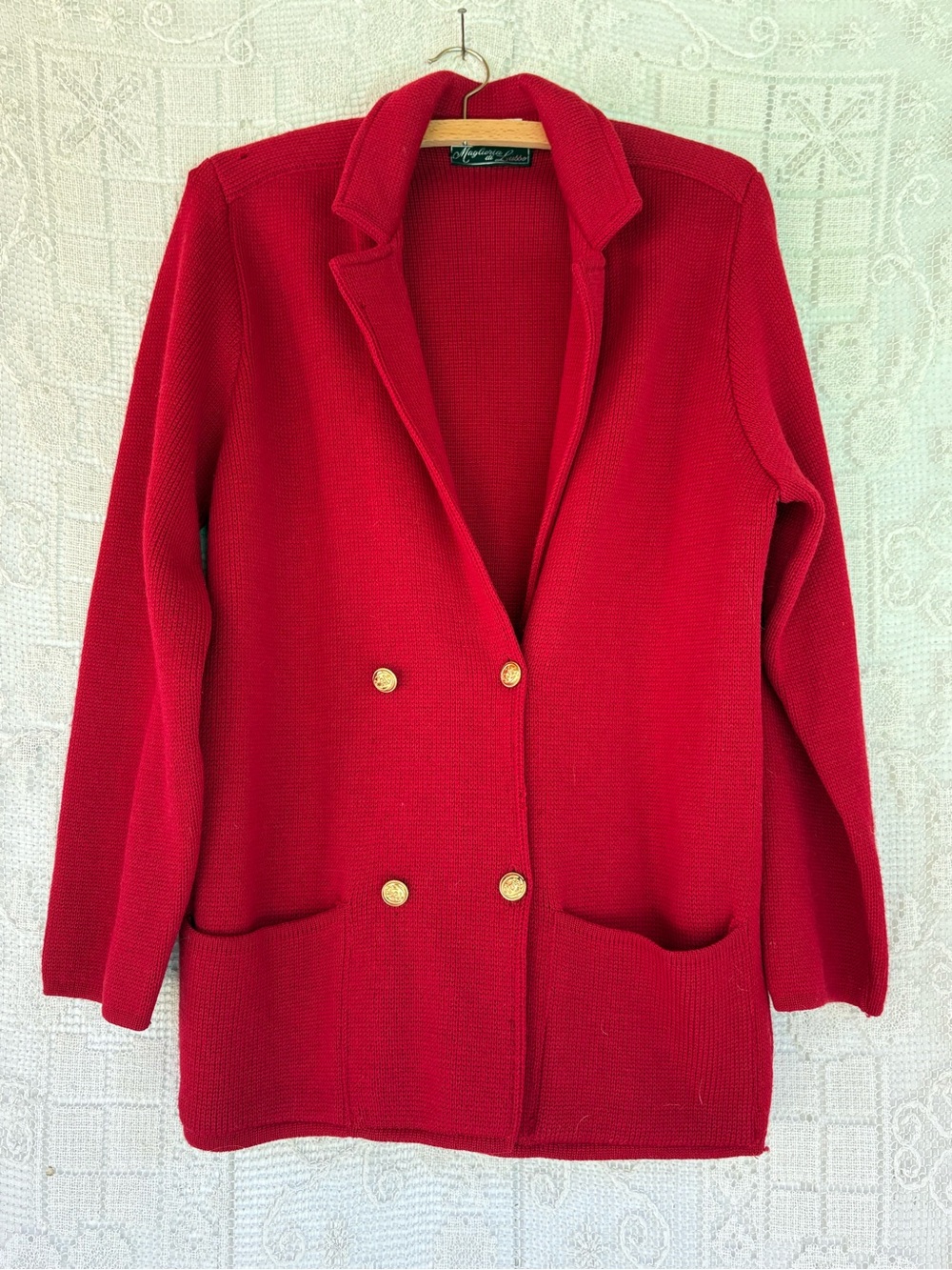 Vintage Women's Red Double-Breasted Knit Blazer with Gold Buttons Flaws